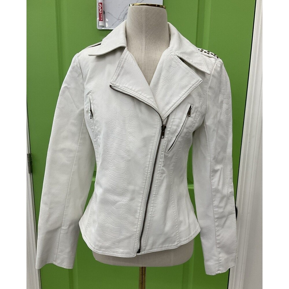 White faux Leather Jacket With Brass Details Size Small
